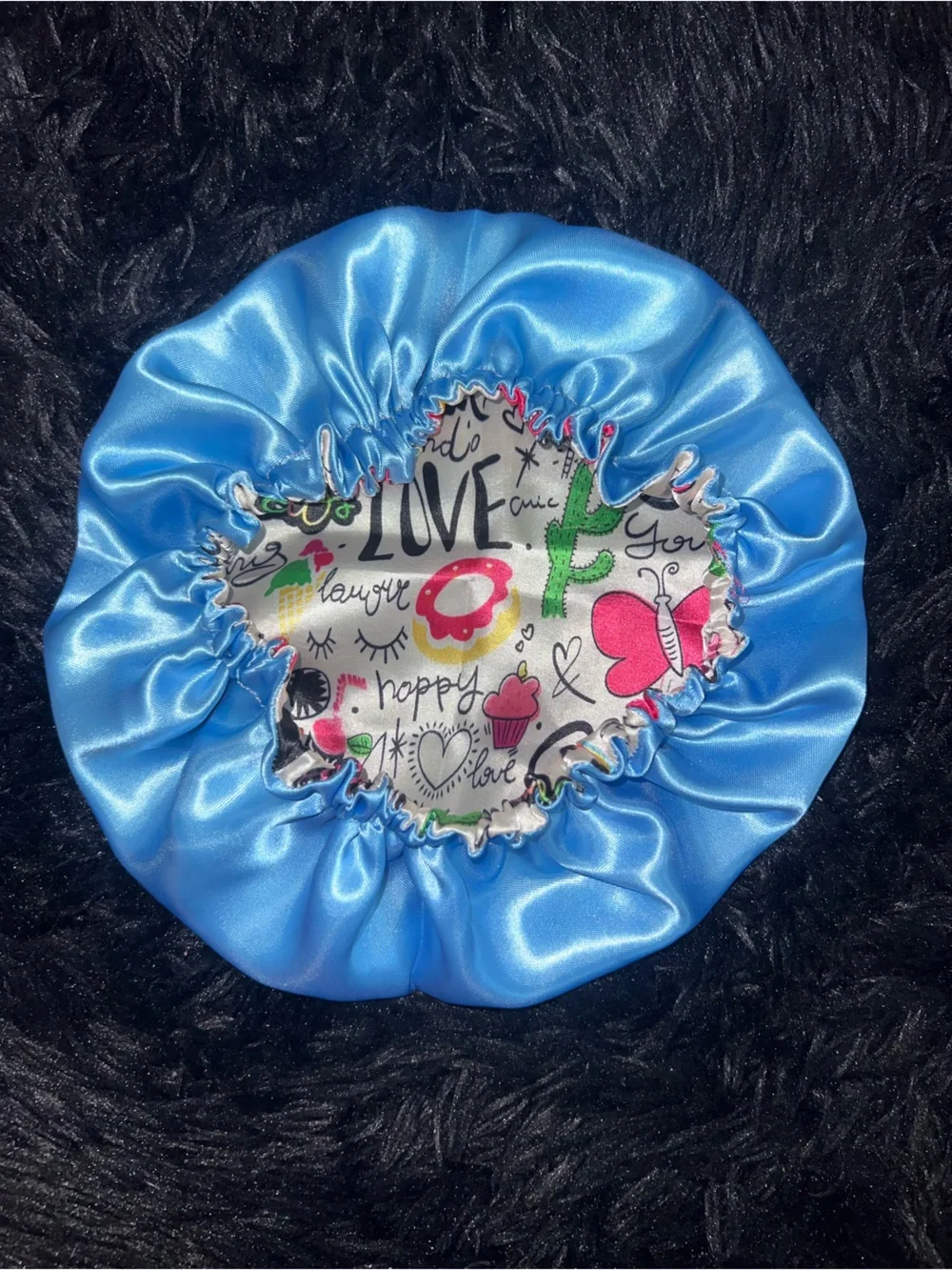 Bébé’s Hair Bonnets -Light blue and Multi-colored satin bonnet